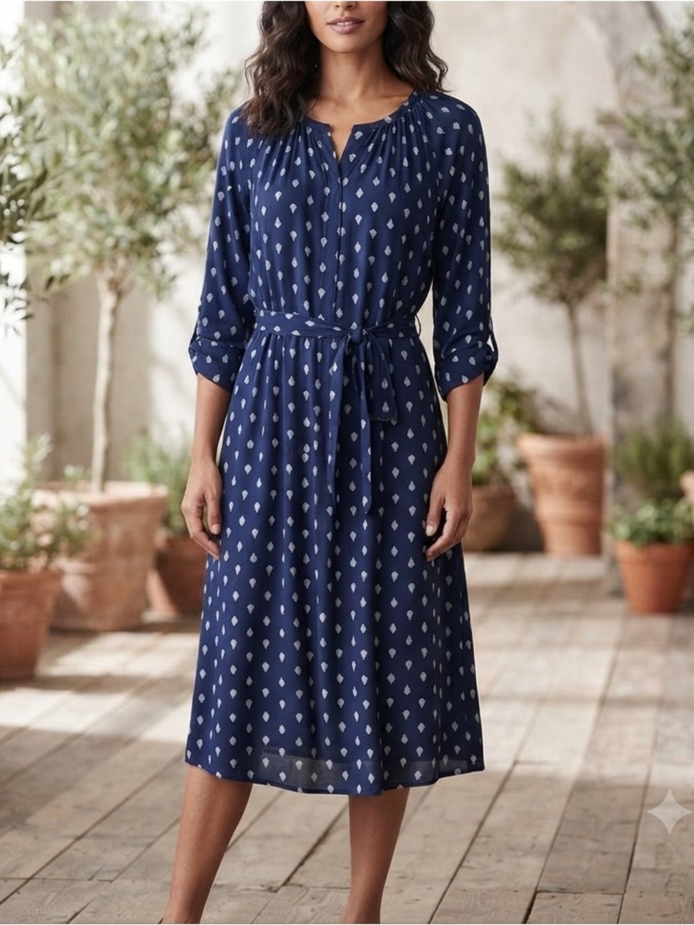 C. Est 1946 Navy Blue Printed Midi Dress 3/4 Sleeve Tie Waist Smocked Neck🧡